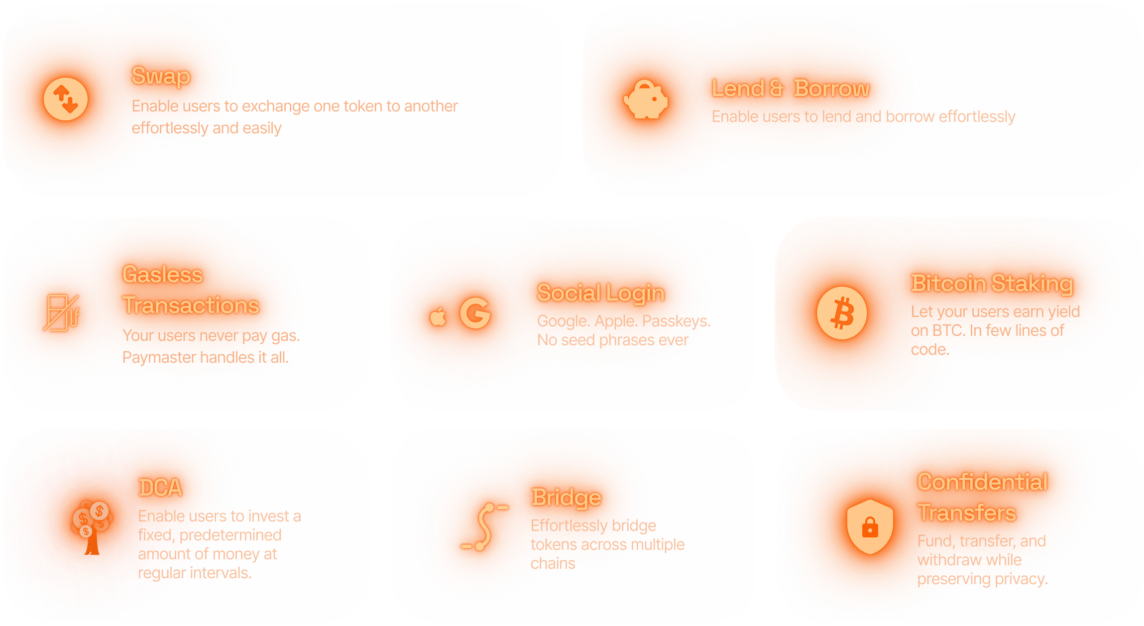 Starkzap toolkit features: Swap, Lend and Borrow, Gasless Transactions, Social Login, Bitcoin Staking, DCA, Bridge, and Confidential Transfers